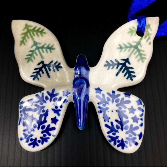 Polish Pottery Butterfly Holiday Christmas Ornament Prancing Reindeer Snowflakes - Picture 5 of 8